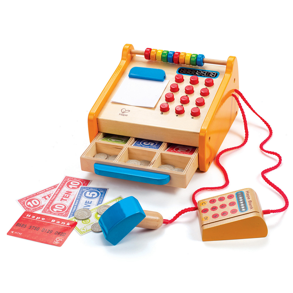 HAPE Деревянная игрушка касса "Супермаркет", игровой набор из 35 предметов E3121_HP